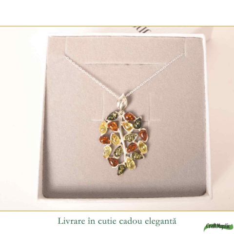 Colier argint 925 frunza si chihlimbar multicolor natural – Vitalitate si protectie [5]