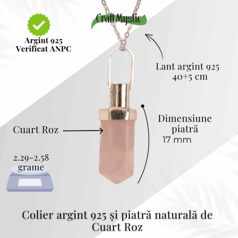 Colier Argint 925 cu Cuart Roz Natural – Echilibru, Iubire si Energie Pozitiva [3]