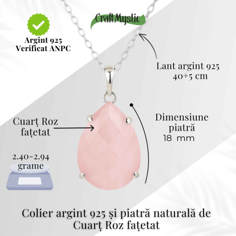 Colier Argint 925 cu Cuart Roz Lacrima – Iubire, Vindecare si Armonie Interioara [3]