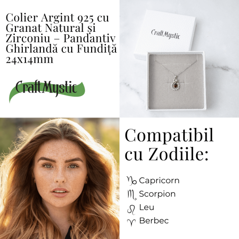 Colier Argint 925 cu Granat Natural si Zirconiu – Pandantiv Ghirlanda cu Fundita, Simbol al Energiei si Protectiei [3]