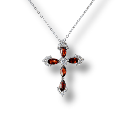 Bijuterii Semiprețioase - Colier Argint 925 cu Crucifix din Granat Natural si Zirconiu – Simbol al Energiei Vitale, Pasiunii si Protectiei Interioare
