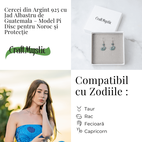 Cercei Argint 925 cu Jad Albastru Guatemala – Model Nor Pi Disc pentru Noroc si Protectie [3]