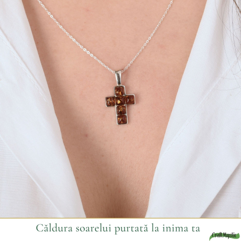 Colier argint 925 cu cruce si chihlimbar natural – Protectie si energie solara [1]