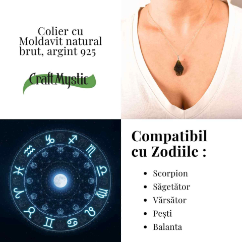Colier Argint 925 cu MoColier Argint 925 cu Moldavit natural brut 2.9 g – prezenta, sens si spatiu pentru tineldavit natural brut 2.8 g – simbol al schimbarii asumate si al echilibrului [5]