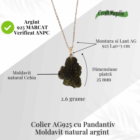 Colier Argint 925 cu Moldavit natural brut 2.6 g – o piatra a schimbarii blande si a claritatii interioare [3]