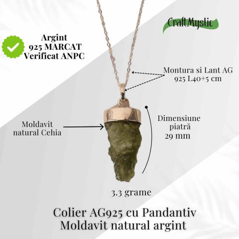 Colier Argint 925 cu Moldavit natural brut 3.3 g – Sustinere Simbolica pentru Introspectie si Sens [3]