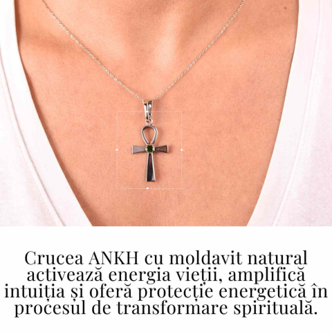 Colier Argint 925 Crucea ANKH cu Moldavit natural fatetat – simbol al vietii si transformarii [1]