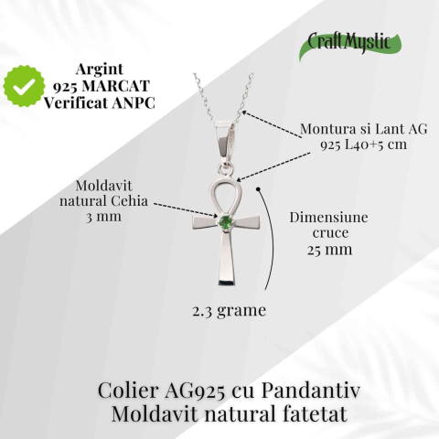 Colier Argint 925 Crucea ANKH cu Moldavit natural fatetat – simbol al vietii si transformarii [3]