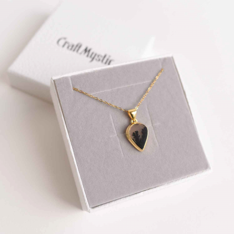 Colier lant inox cu pandantiv montura pe argint 925 placat cu aur 18k si Agat Scenic Dentritic - Claritate si echilibru emotional [5]