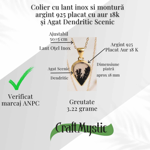 Colier lant inox cu pandantiv montura pe argint 925 placat cu aur 18k si Agat Scenic Dentritic - Claritate si echilibru emotional [3]