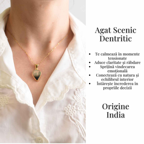 Colier lant inox cu pandantiv montura pe argint 925 placat cu aur 18k si Agat Scenic Dentritic - Claritate si echilibru emotional [4]