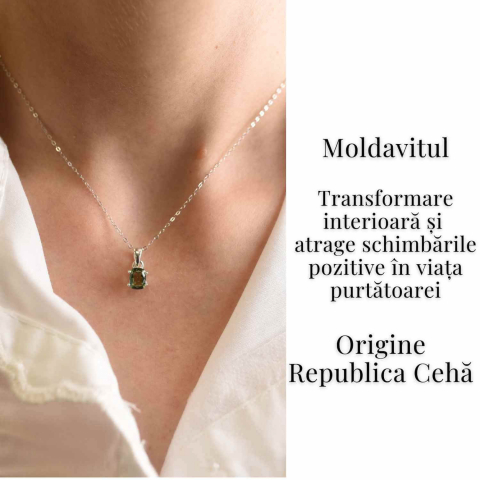 Colier argint 925 cu Moldavit natural fatetat dreptunghiular – Claritate si transformare constienta [1]