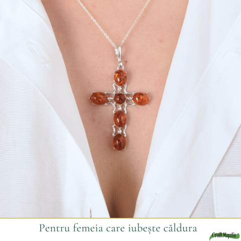 Colier argint 925 cu cruce din margele ovale si chihlimbar natural – Protectie si energie solara [1]