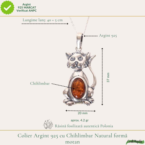 Colier argint 925 cu pisica si chihlimbar natural – Energie solara si protectie [3]