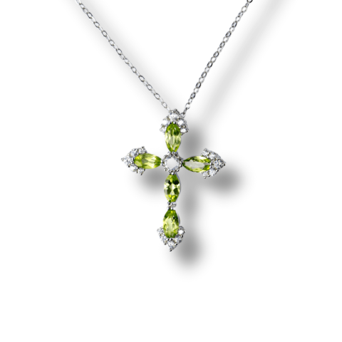 Incredere si Curaj - Colier Argint 925 cu Crucifix din Peridot Natural si Zirconiu – Simbol al Prosperitatii, Vitalitatii si Armoniei Interioare
