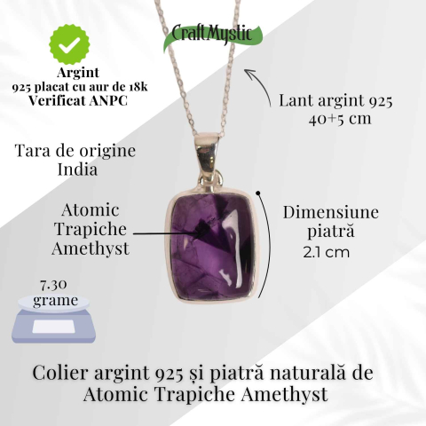 Colier argint 925 cu piatra naturala Atomic Trapiche Amethyst dreptunghiular – Claritate si Echilibru Divin [4]