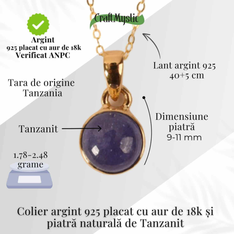 Colier Argint 925 placat cu Aur 18K si Tanzanit Rotund – Claritate si Transformare Interioara [3]