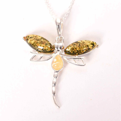 Tip Cristal - Colier argint 925 cu libelula si chihlimbar natural – Energie solara si transformare