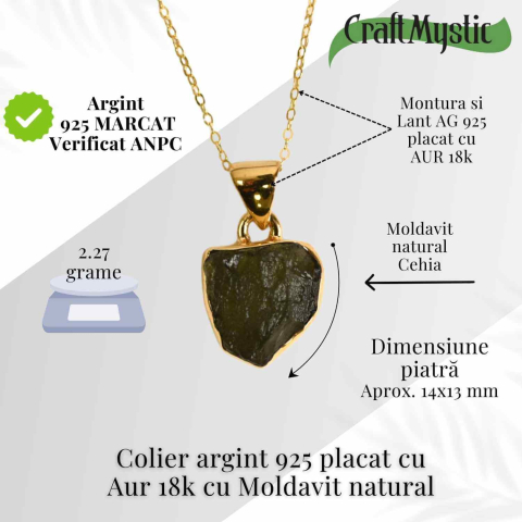 Colier argint 925 placat cu aur 18k cu Moldavit natural – 2.27 g | Transformare si protectie energetica [2]
