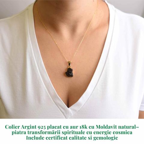 Colier Argint 925 placat cu Aur 18k cu Moldavit natural 3.28 gr 16x13 mm – transformare, protectie, energie cosmica [1]