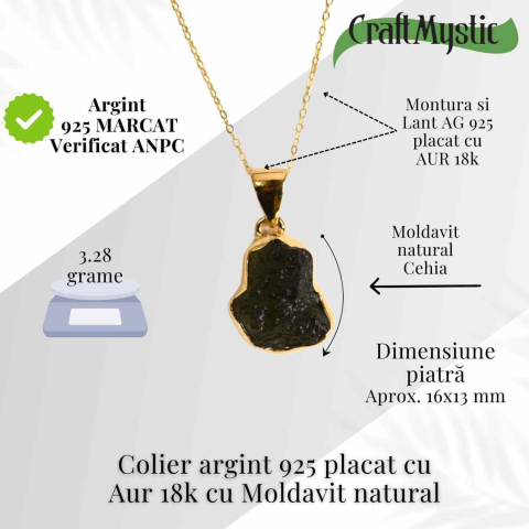 Colier Argint 925 placat cu Aur 18k cu Moldavit natural 3.28 gr 16x13 mm – transformare, protectie, energie cosmica [2]
