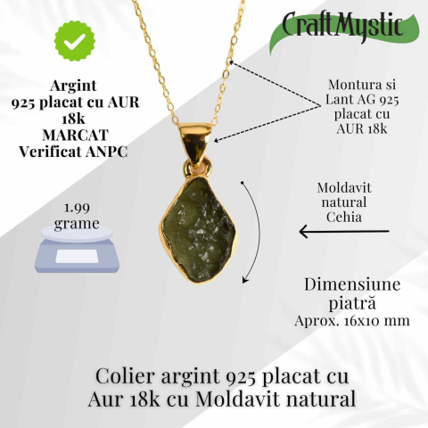 Colier Argint 925 placat aur 18k cu Moldavit natural brut 1.99 g – talisman de transformare [2]