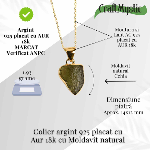 Colier Argint 925 placat aur 18k cu Moldavit natural brut 1.93 g – talisman de transformare [2]