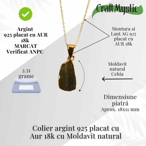 Colier Argint 925 placat aur 18k cu Moldavit natural brut 2.51 g – accelereaza transformarea personala [2]