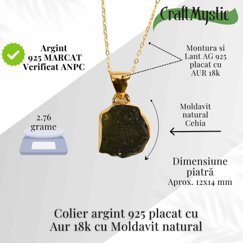 Colier Moldavit natural 2.76 grame – Transformare si energie cosmica - Argint 925 placat cu aur 18k [2]