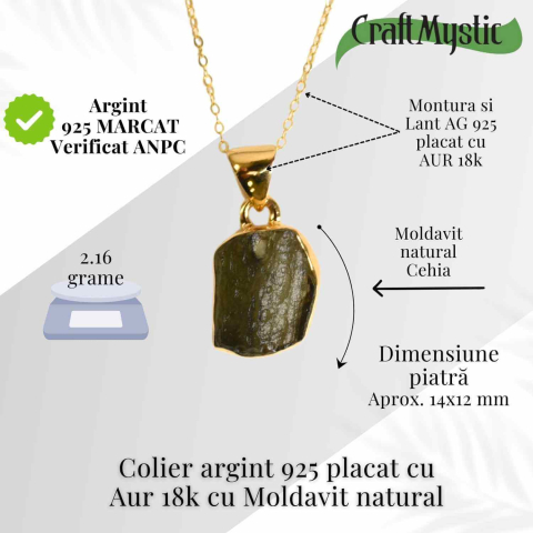 Colier Argint 925 placat cu Aur 18k cu Moldavit natural brut - transformare si protectie - 2.16 g [2]
