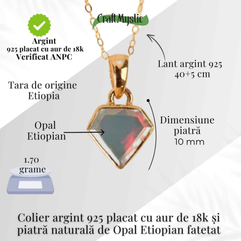 Colier Argint 925 placat cu aur 18K cu Opal Etiopian Fatetat in Forma de Diamant – Lumina, Intuitie si Feminin Sacru [3]