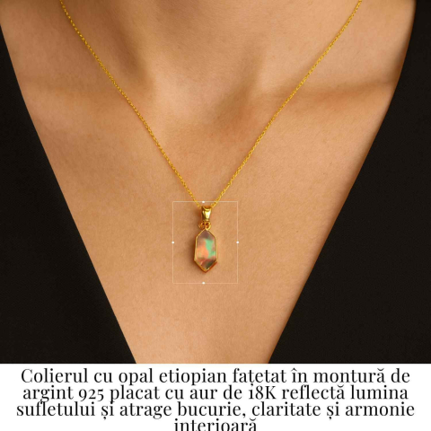Colier Argint 925 placat cu aur 18K cu Opal Etiopian Fatetat Hexagonal – Protectie, Lumina si Armonie Divina [1]