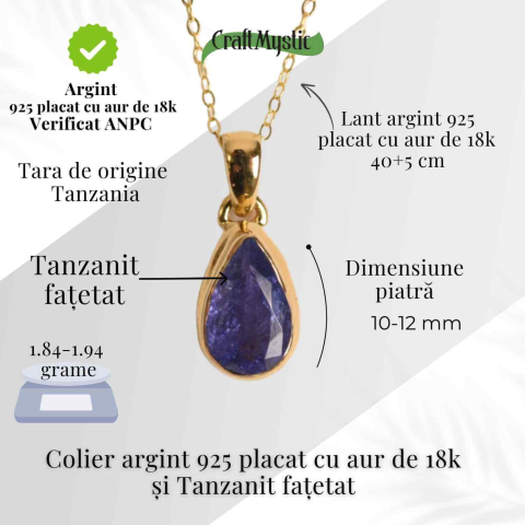Colier Argint 925 Placat cu Aur 18K si Tanzanit Fatetat in Forma de Lacrima – Claritate, Transformare si Armonie Interioara [3]