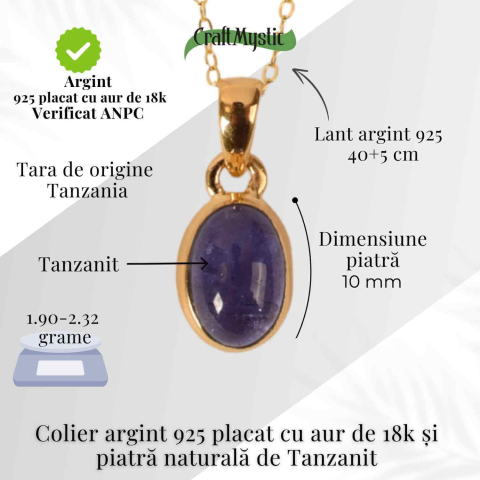 Colier Argint 925 placat cu Aur 18K si Tanzanit Oval – Echilibru si Claritate Spirituala [3]