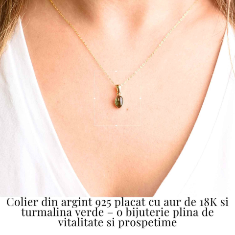 Colier Argint 925 Placat cu Aur 18K si Turmalina Verde Naturala – Armonie, Prosperitate si Vindecare Emotionala [1]