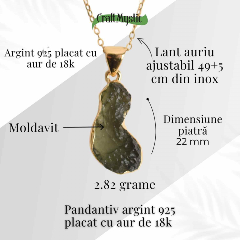 Colier cu lant de inox aurit si pandantiv montura argint 925, placat cu aur 18 k si Moldavit natural, 2.82 gr – Echilibru si trezire spirituala [2]