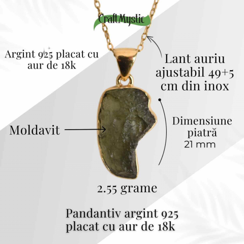 Colier cu lant de inox aurit si pandantiv montura argint 925, placat cu aur 18 k si Moldavit natural, 2.55 gr – Protectie si transformare [2]