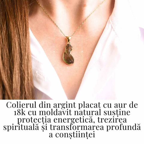 Colier cu lant de inox aurit si pandantiv montura argint 925, placat cu aur 18 k si Moldavit natural, 2.82 gr – Echilibru si trezire spirituala [1]