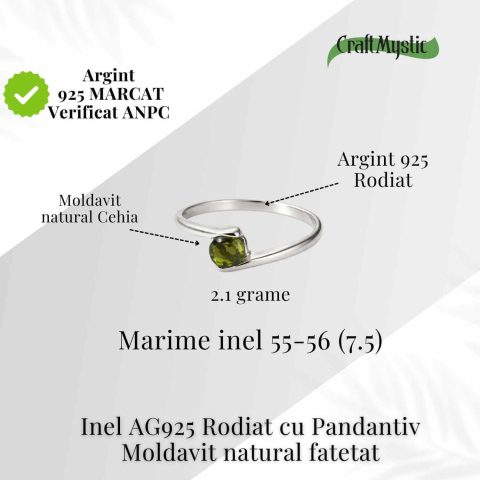 Inel minimalist din Argint 925 rodiat cu Moldavit natural fatetat – claritate, protectie si evolutie interioara [2]