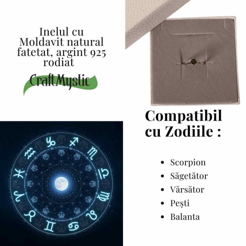 Inel minimalist din Argint 925 rodiat cu Moldavit natural fatetat – claritate, protectie si evolutie interioara [3]