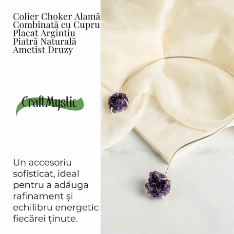 Colier Choker Argintiu cu Piatra Naturala Ametist Druzy - Protecte si Energie Positiva [2]