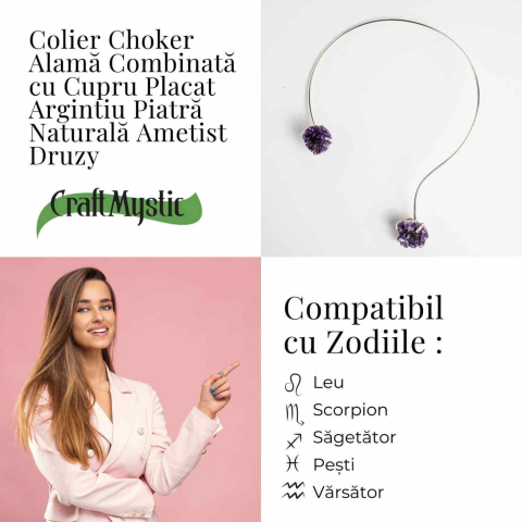 Colier Choker Argintiu cu Piatra Naturala Ametist Druzy - Protecte si Energie Positiva [3]