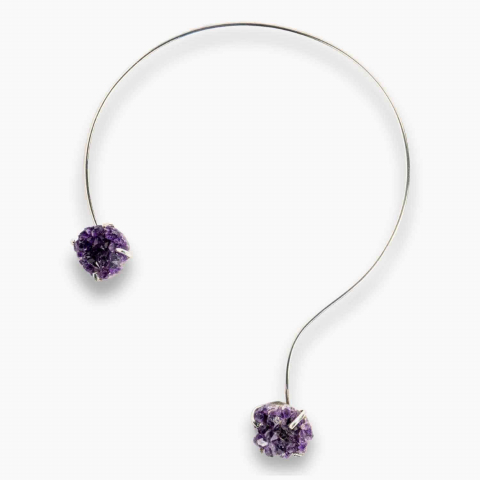 Cristale pentru zodii - Colier Choker Argintiu cu Piatra Naturala Ametist Druzy - Protecte si Energie Positiva