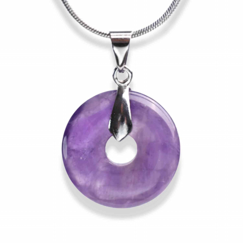 Claritate Mentala si Focus - Colier Argintiu cu Ametist Forma Pi - Calm și Spiritualitate, Lungime Totala 50 cm, Diametru Pandantiv 20 mm