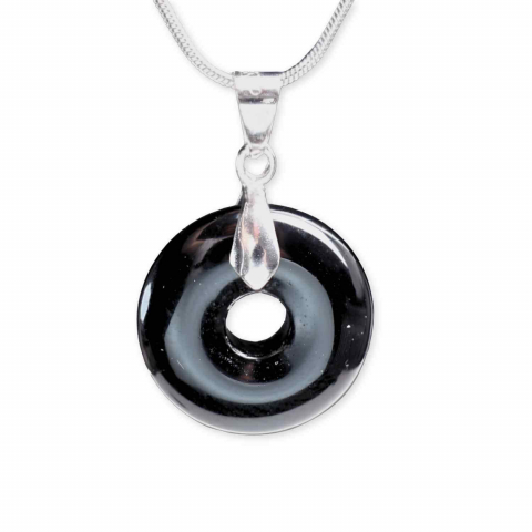 Colier Argintiu cu Obsidian Forma Pi - Protectie si Echilibru, Lungime Totala 50 cm, Diametru Pandantiv 20 mm [9]