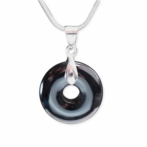 Echilibrare Energetica - Colier Argintiu cu Obsidian Forma Pi - Protectie si Echilibru, Lungime Totala 50 cm, Diametru Pandantiv 20 mm