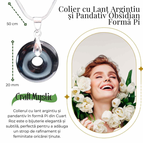 Colier Argintiu cu Obsidian Forma Pi - Protectie si Echilibru, Lungime Totala 50 cm, Diametru Pandantiv 20 mm [1]