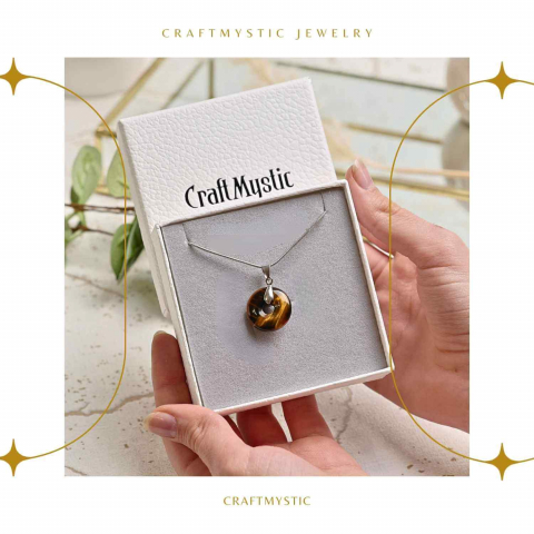 Colier Argintiu cu Ochi de Tigru Forma Pi - Protectie si Energie, Lungime Totala 50 cm, Diametru Pandantiv 20 mm [8]