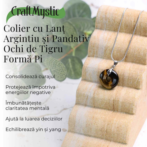 Colier Argintiu cu Ochi de Tigru Forma Pi - Protectie si Energie, Lungime Totala 50 cm, Diametru Pandantiv 20 mm [3]
