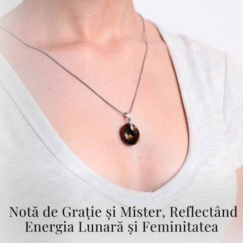 Colier Argintiu cu Ochi de Tigru Forma Pi - Protectie si Energie, Lungime Totala 50 cm, Diametru Pandantiv 20 mm [6]